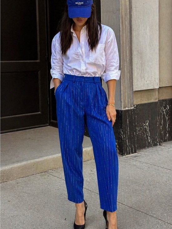 Balmain Pants - BALMAIN 5173V098 Cobalt Blue Metallic Pinstripe Pleated Trousers